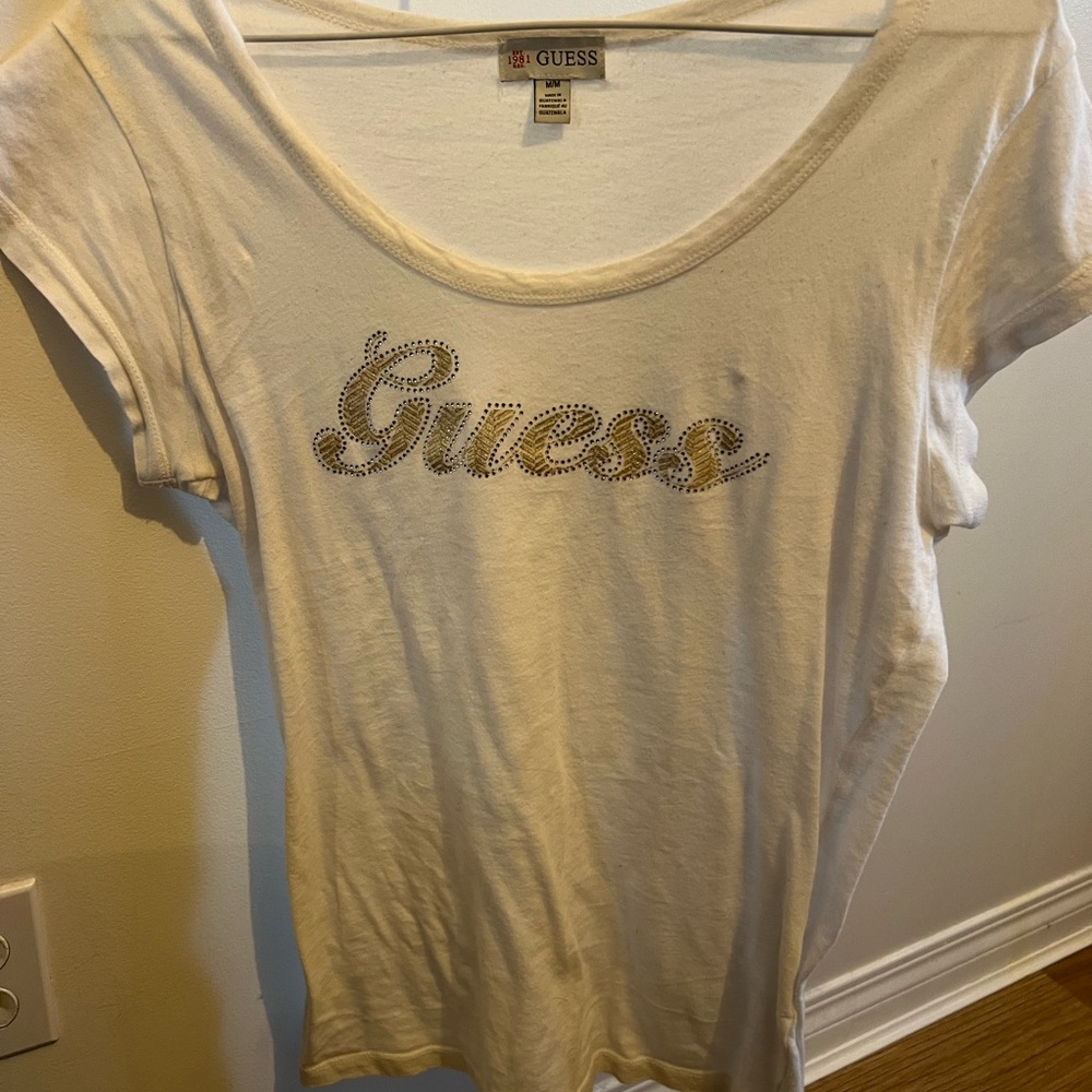 Guess White Short Sleeve Tee with Blinged out gold Logo